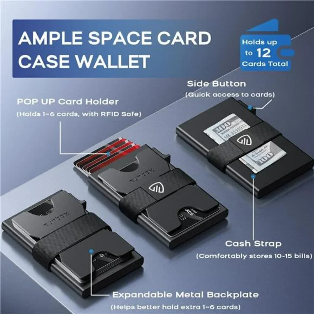 Mens Slim RFID Wallet Pop Up Card Holder Metal Minimalist Wallet Holds 12